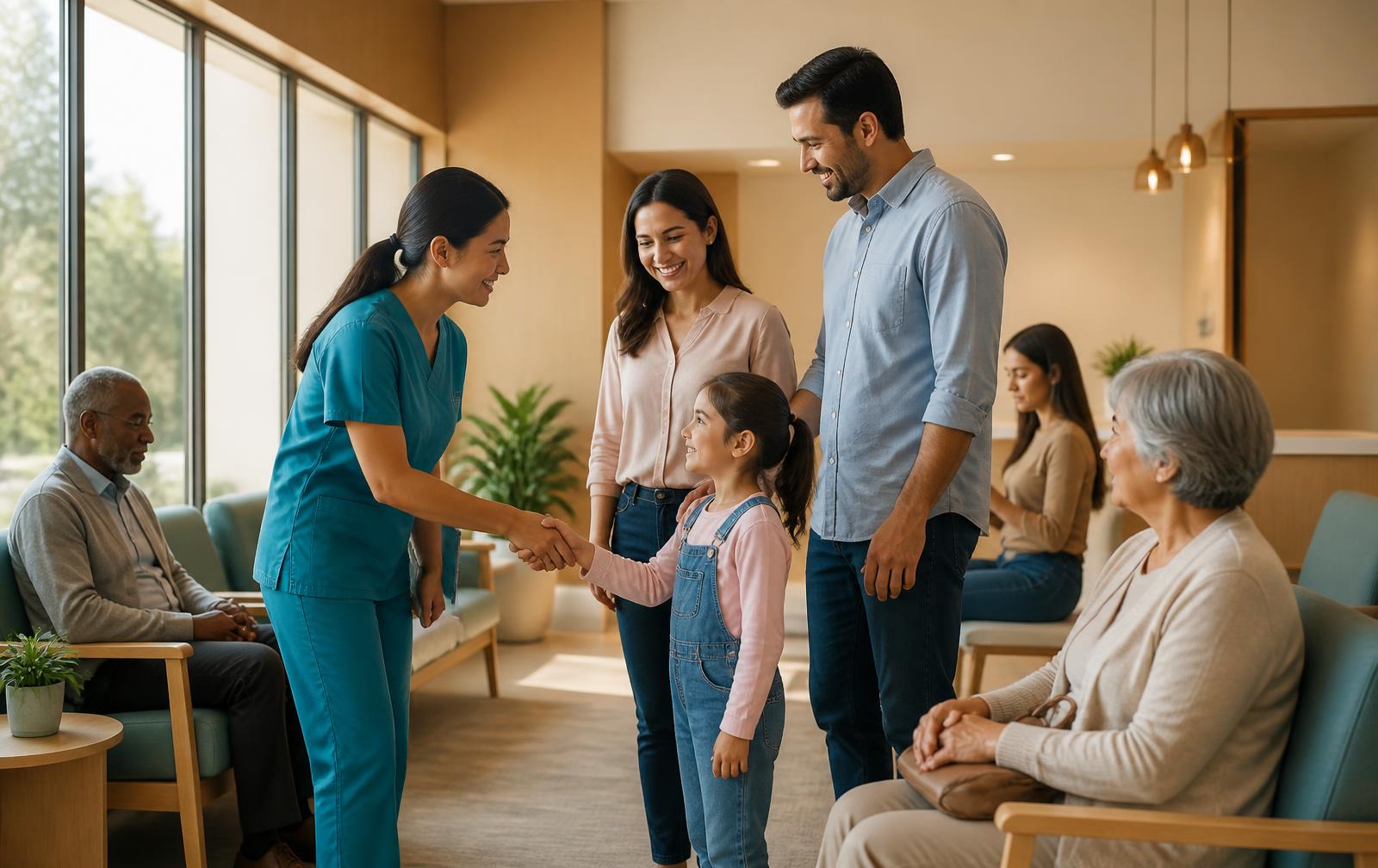 Care team greeting a multigenerational family in the waiting room